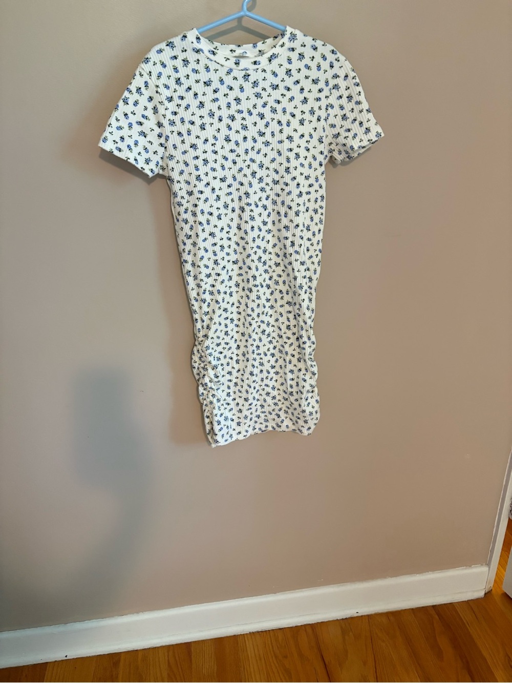 Girls White Floral Ribbed Short-Sleeve Dress